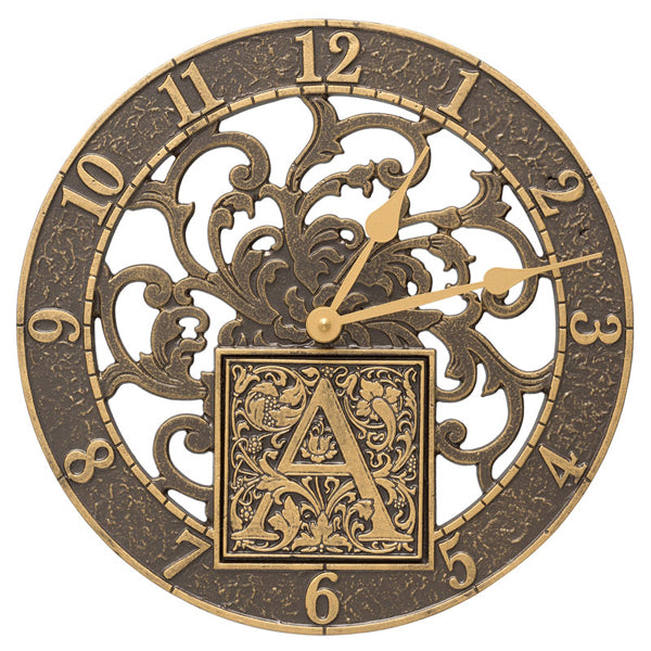 02264 Silhouette Monogram 12 Inch Personalized Indoor Outdoor Wall Clock - French Bronze - Oak Park Home & Hardware