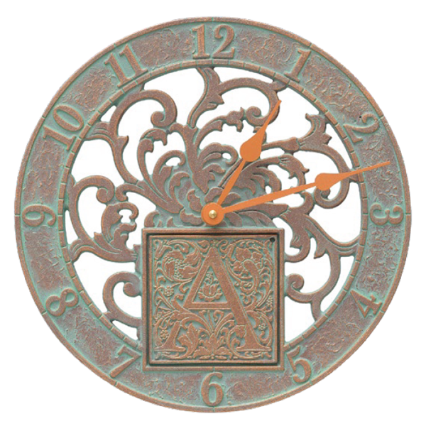 02265 Silhouette Monogram 12 Inch Personalized Indoor Outdoor Wall Clock - Copper Verdigris - Oak Park Home & Hardware