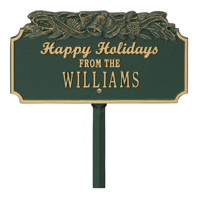 1165GG Happy Holidays Bells Personalized Lawn Plaque - Green/Gold - Oak Park Home & Hardware