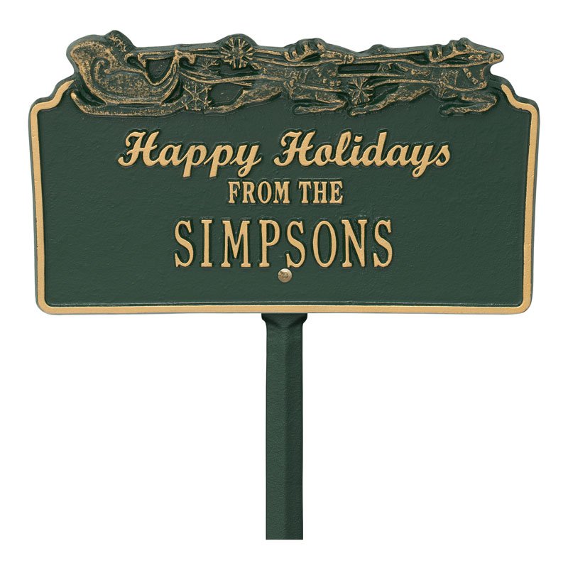 1167GG Happy Holidays Sleigh Personalized Lawn Plaque - Green/Gold - Oak Park Home & Hardware