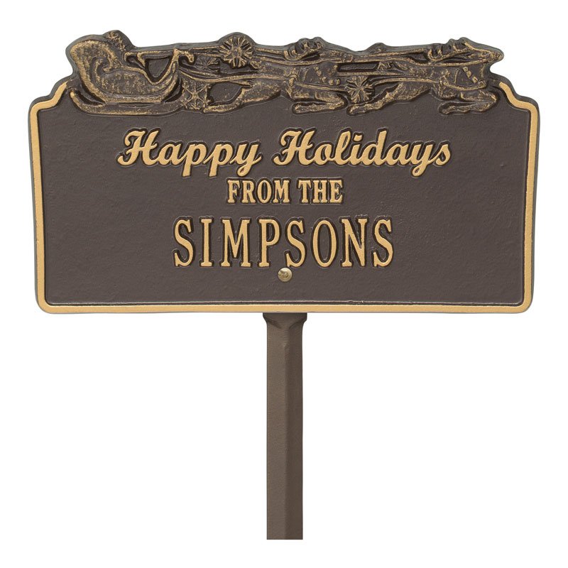 1167OG Happy Holidays Sleigh Personalized Lawn Plaque - Bronze/Gold - Oak Park Home & Hardware