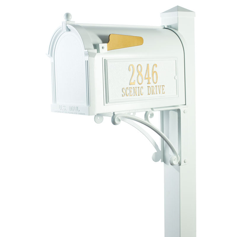 16307 Superior Capitol Mailbox Package with Post and Side Plaques - White/Gold - Oak Park Home & Hardware