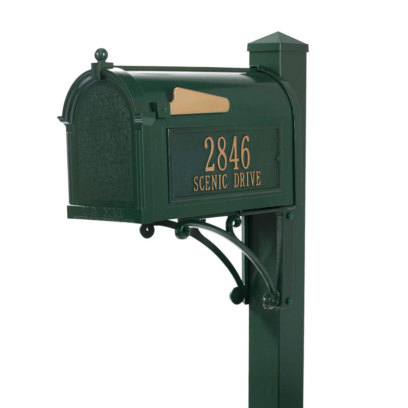16325 Superior Capitol Mailbox Package with Post and Side Plaques - Green/Gold - Oak Park Home & Hardware