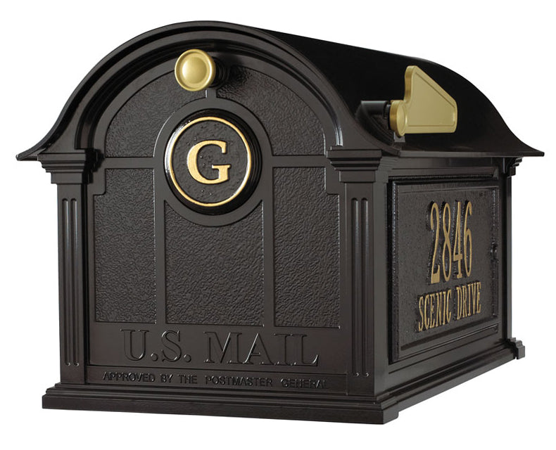 16365 Balmoral Mailbox with Side Plaques and Monogram Package - Black/Gold - Oak Park Home & Hardware