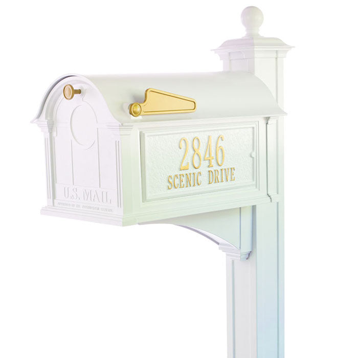 16370 Balmoral Mailbox with Side Plaques and Post Package - White/Gold - Oak Park Home & Hardware