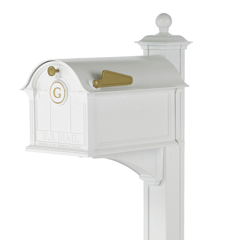 16515 Balmoral Mailbox with Monogram and Post Package - White/Gold - Oak Park Home & Hardware