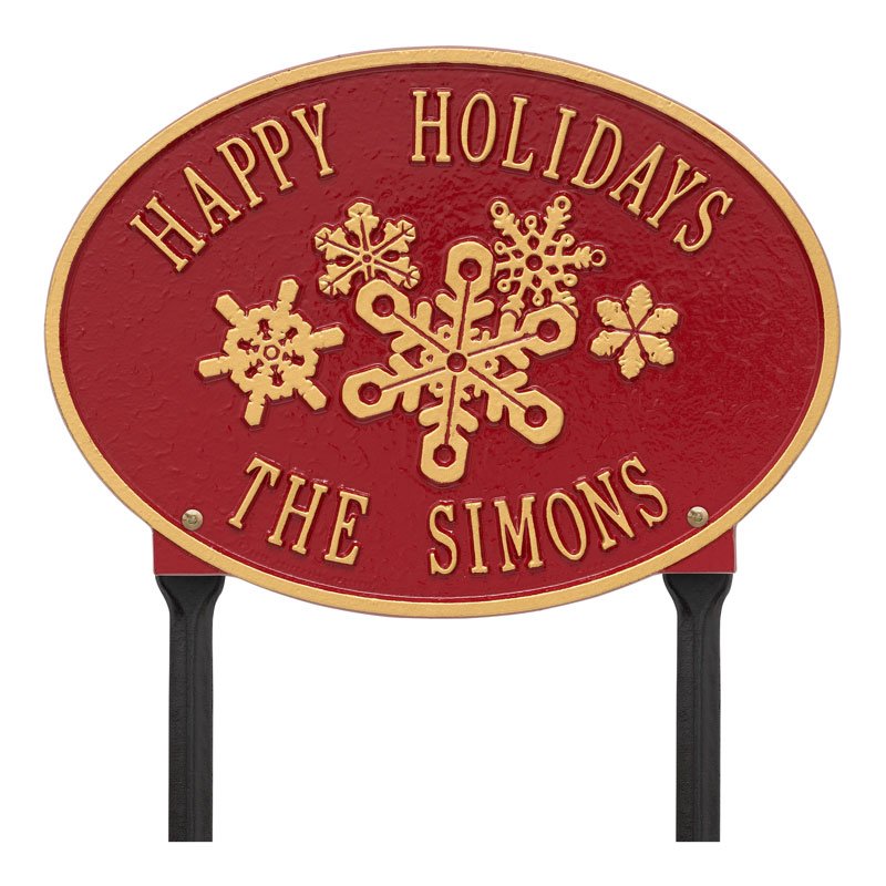 1755RG Snowflake Oval Personalized Lawn Plaque - Red/Gold - Oak Park Home & Hardware