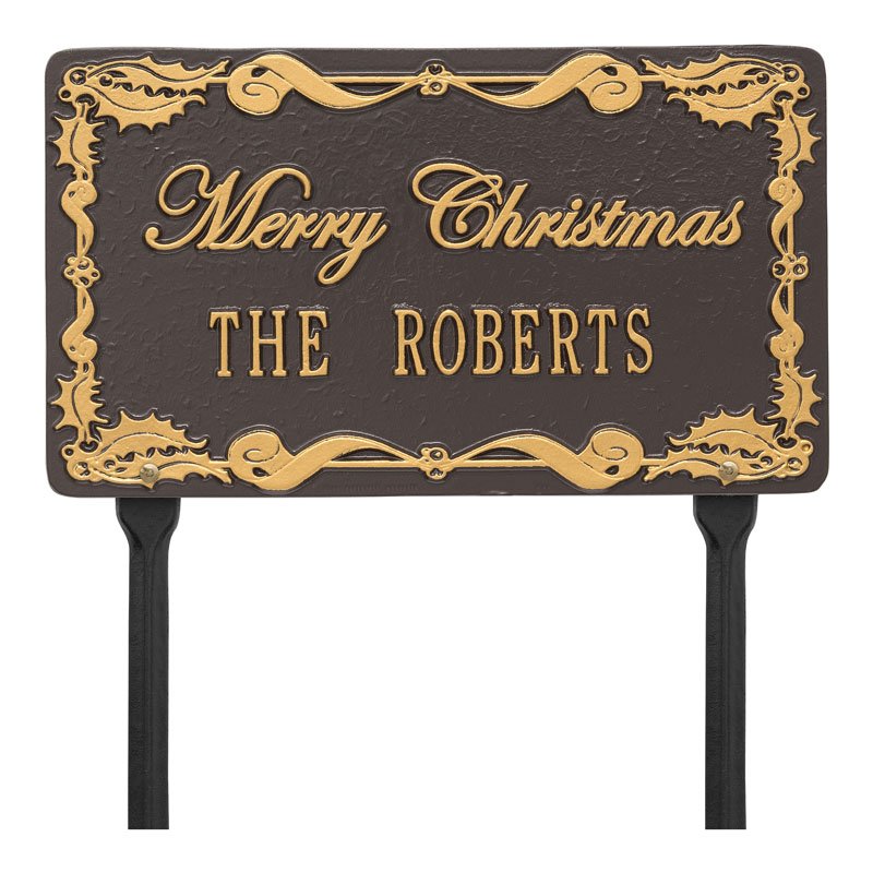 1757OG Merry Christmas Holly Personalized Lawn Plaque - Bronze/Gold - Oak Park Home & Hardware