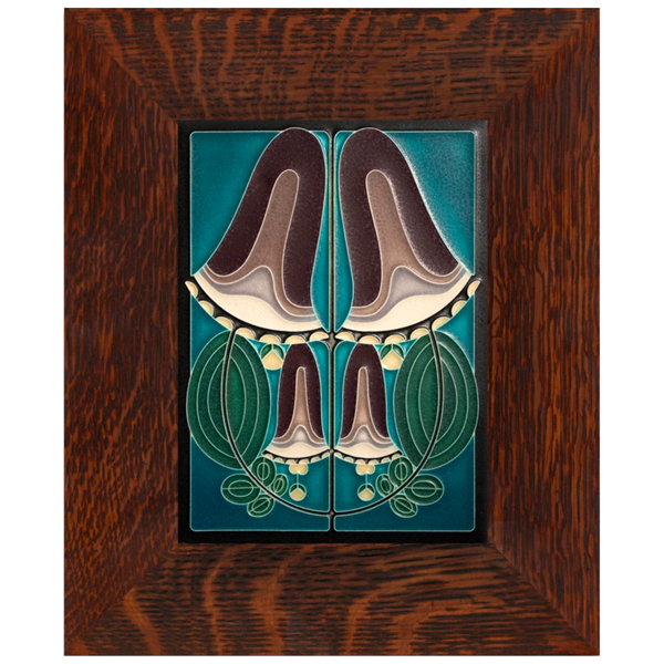 Motawi 6x8 Blooming Bell Tile Turquoise - Oak Park Frame - Signature Finish - Oak Park Home & Hardware