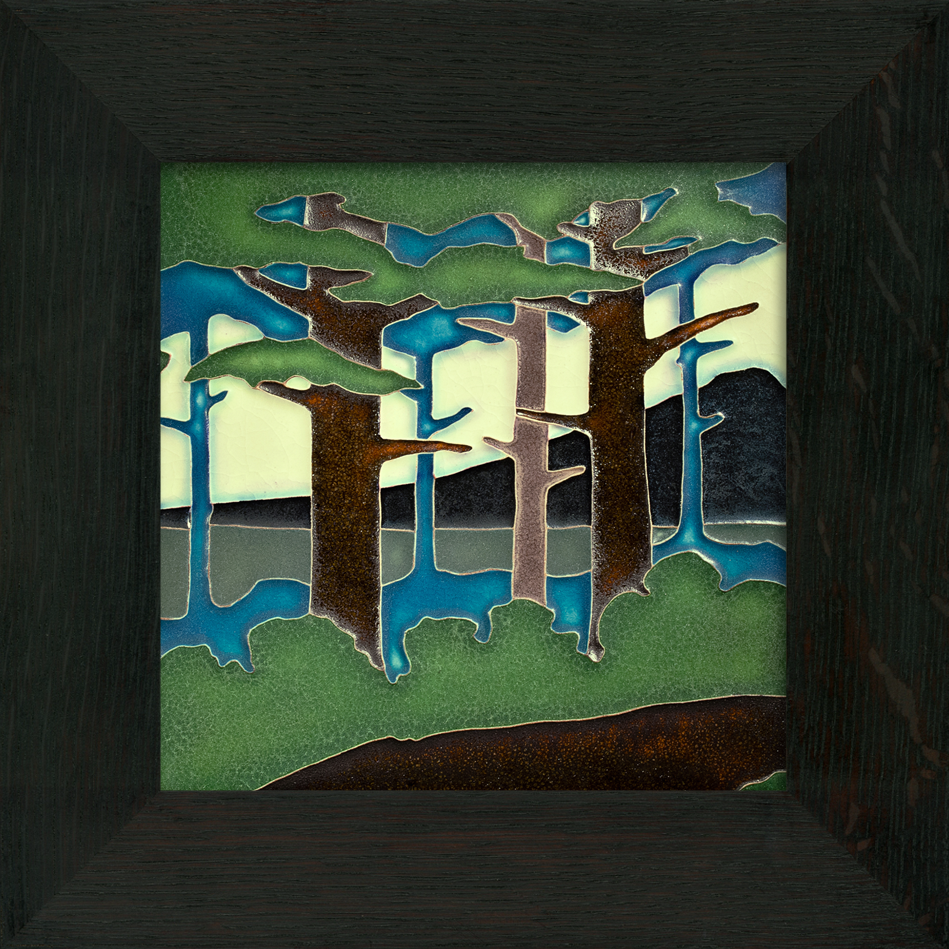 Motawi 8820 8x8 Pine Landscape Mountain Tile - Oak Park Frame - Ebony Finish - Oak Park Home & Hardware