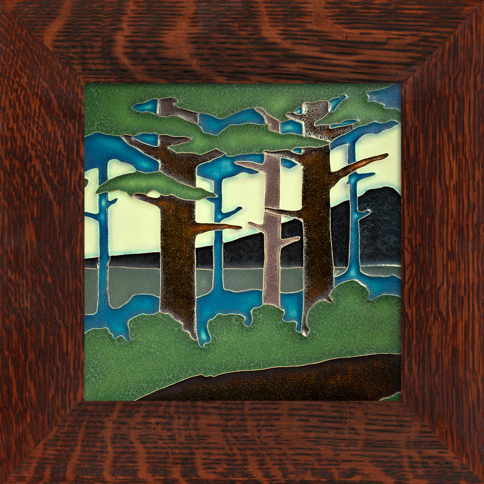 Motawi 8820 8x8 Pine Landscape Mountain Tile - Oak Park Frame - Signature Finish - Oak Park Home & Hardware