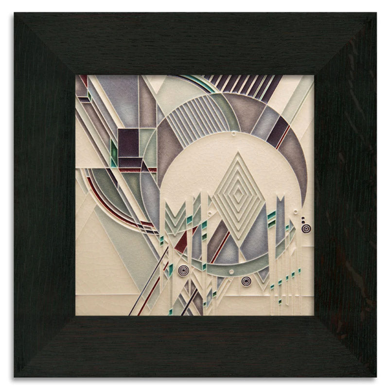 Motawi 8381PR 8x8 Frank Lloyd Wright Frozen Spheres Tile in Purple - Oak Park Frame - Ebony Finish