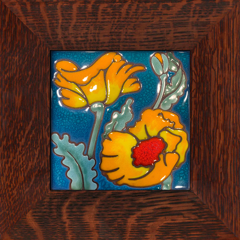 Desert Poppy Bloom - Blue Background Art Tile - Oak Park Frame - Signature Finish