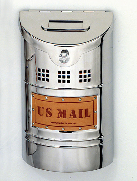 E1 Modern Style Mailbox - Polished Stainless Steel With Leather Label - Oak Park Home & Hardware