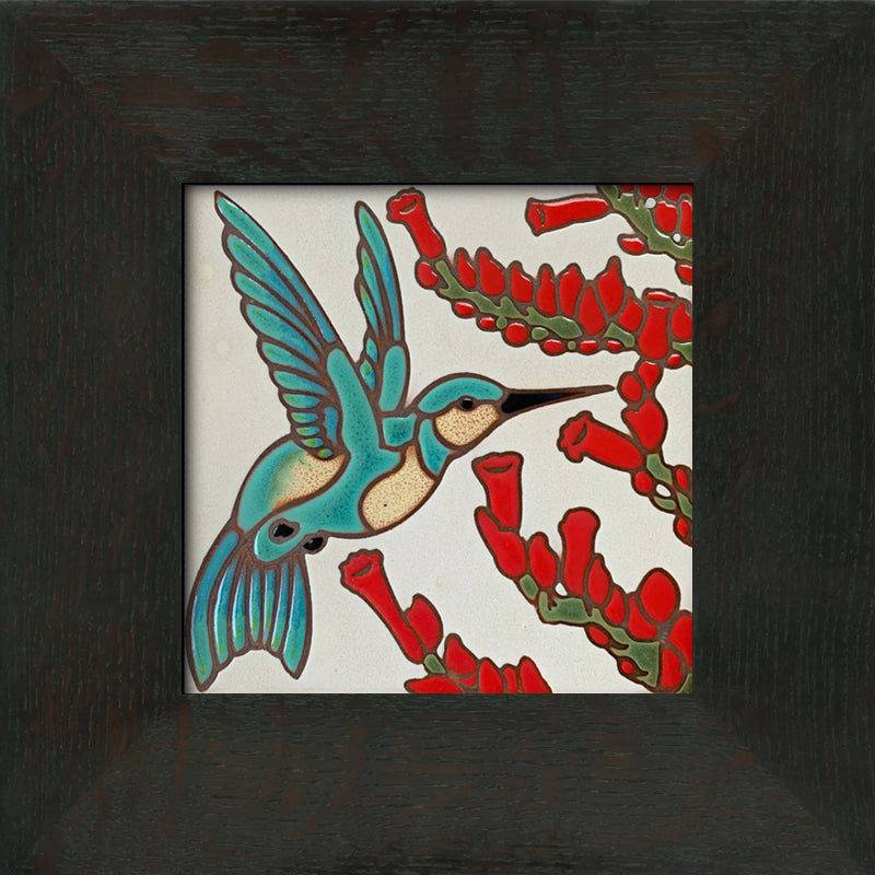 Hummingbird with Ocotillo - Gray Background Art Tile - Oak Park Frame - Ebony Finish