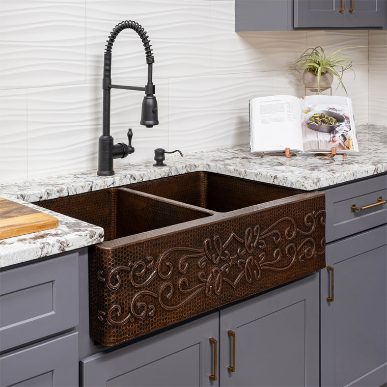 KA50DB33229S 33'' Copper Hammered Kitchen Apron 50/50 Double Basin Sink w/ Scroll Design - Oak Park Home & Hardware