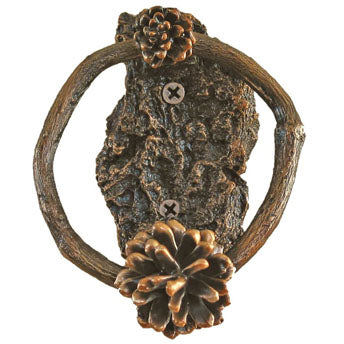 F-DRKNCK-RNG-B Lodgepole Pine Cone Ring Style With Pine Bark Base Knocker - Oak Park Home & Hardware