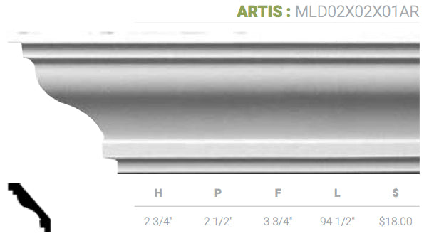MLD02X02X01AR Artis Crown Moulding - Oak Park Home & Hardware