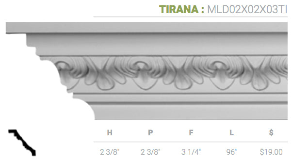 MLD02X02X03T Tirana Crown Moulding - Oak Park Home & Hardware