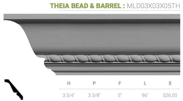 MLD03X03X05TH Theia Bead And Barrel Crown Moulding - Oak Park Home & Hardware