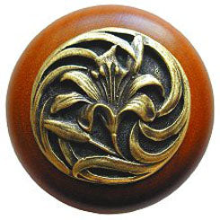 NHW-703C-AB Tiger Lily Wood Knob in Antique Brass /Cherry wood finish - Oak Park Home & Hardware