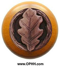 NHW-744M-AC Oak Leaf Wood Knob in Antique Copper/Maple wood finish - Oak Park Home & Hardware