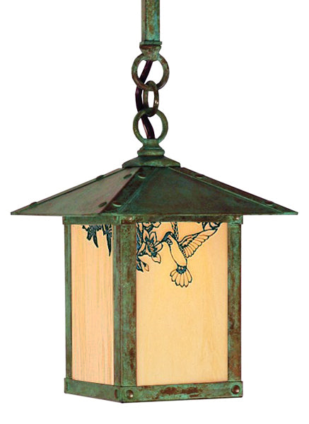9'' evergreen stem hung pendant with hummingbird filigree - Oak Park Home & Hardware