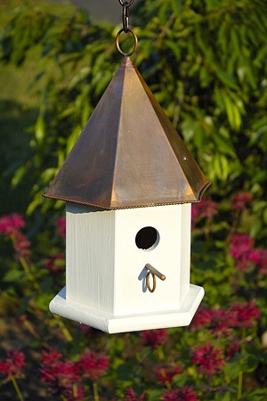 015B Copper Songbird Bird House - White - Brown Copper Roof - Oak Park Home & Hardware