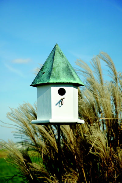 143A Copper Songbird Deluxe Bird House - White - Verdi Copper Roof - Oak Park Home & Hardware