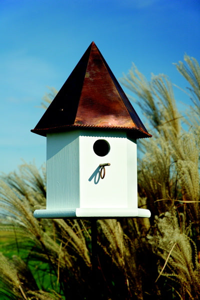 143B Copper Songbird Deluxe Bird House - White - Brown Copper Roof - Oak Park Home & Hardware
